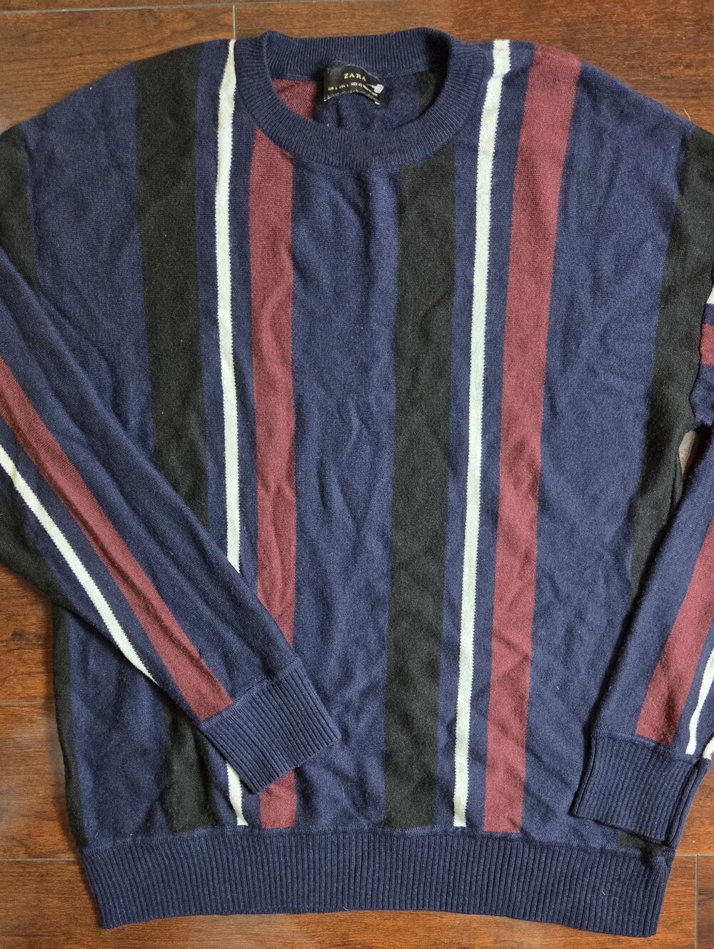 Zara Navy Crewneck Sweater with Burgundy, Black & White Stripes